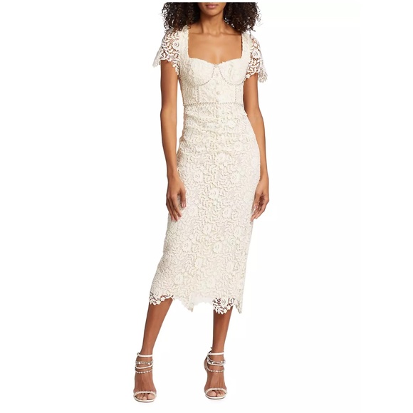 NWT $585 Self-Portrait Cream Rose Lace & Crystal Midi-Dress in cream! - Picture 2 of 11